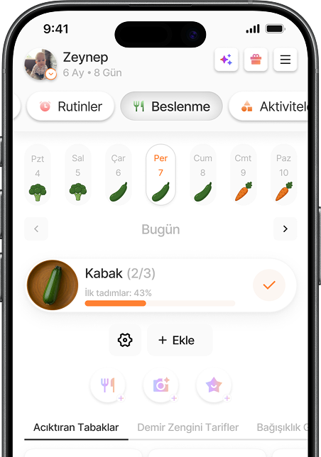 Yuppo uygulamasında ek gıda takibi ekranı