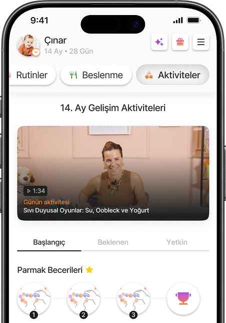 Yuppo uygulamasında aylık gelişim aktiviteleri ekranı